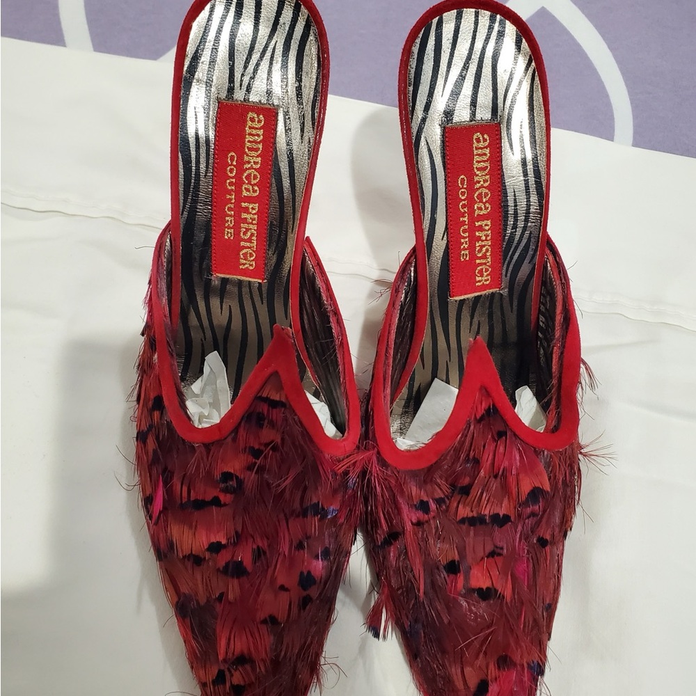 Andrea Pfister Women's Vibrant Red Feather Mules